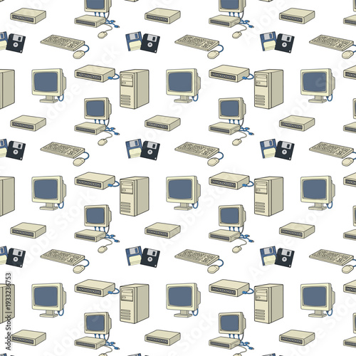 A seamless pattern featuring retro computers, monitors, keyboards, floppy disks, and external drives is arranged