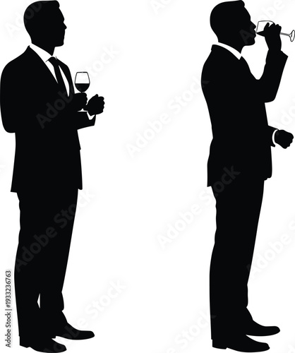 Silhouette of elegant men drinking wine in suit, holding glass, side view, formal celebration, business party, alcohol tasting, black and white vector style