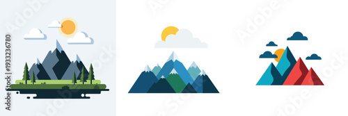 A mountain landscape with sun and clouds, flat design, single scene composition, vector illustration, white background, solid color layers, simple shapes.