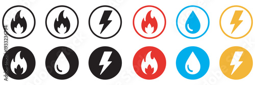 Gas Water Electricity Icons Set, Public Utility Service Symbols, Electricity Water Gas Vector Collection, Thunderbolt Drop Fire Sign, Vector Illustration