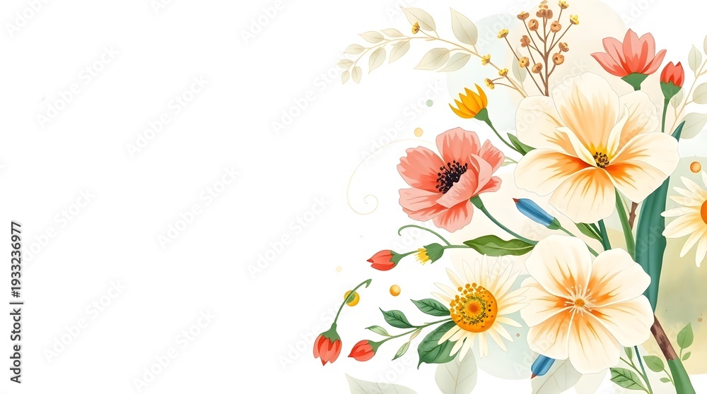 Fototapeta premium Delicate Watercolor Floral Illustration with Pink and Peach Blossoms on White Background, Elegant Botanical Spring Design