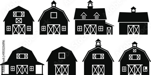 Barn silhouette collection set, rustic farm house buildings isolated black countryside vector illustration bundle