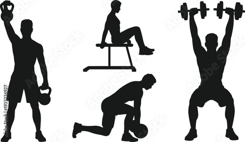 Set of athletic male silhouettes performing various gym workouts including kettlebell lifts, dumbbell presses, lunges, and bench exercises for fitness and bodybuilding concepts.