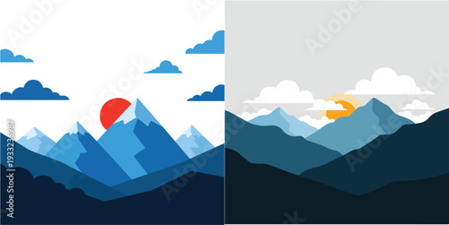 Minimalist mountain scenery featuring sun and clouds, flat design vector, clean white backdrop, bold solid colors, and simplified forms