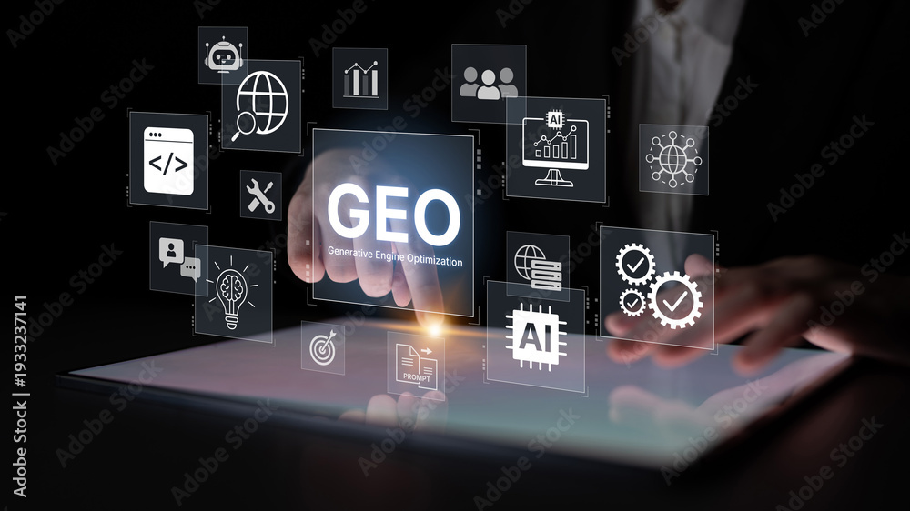Fototapeta premium Digital marketing concept featuring GEO strategy, optimizing content for AI search engines and large language models. Evolution of SEO, brand authority, and AI citation visibility. Corpus