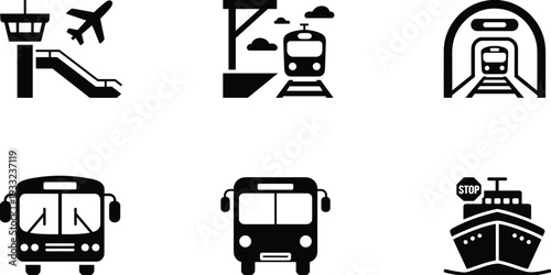 Set of black public transportation icons including airplane at airport, train station platform, subway tunnel, bus front view, and cruise ship for travel logistics.