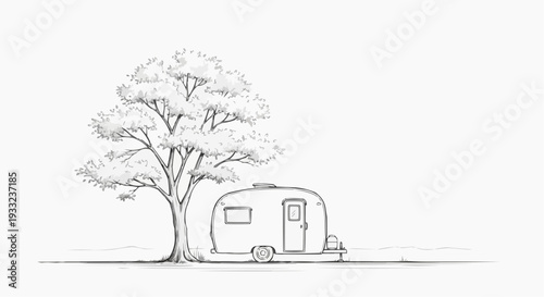 A minimalist line art illustration of a camper trailer parked under a tree