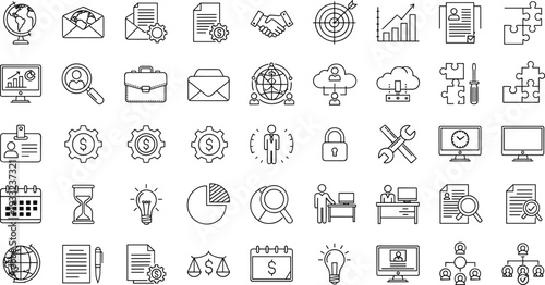 Business management and corporate strategy line icon set showing finance analytics teamwork documents cloud security vector illustration collection