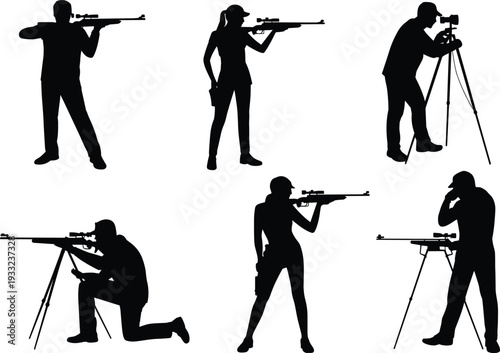Set of silhouettes featuring male and female shooters with rifles and a photographer with a tripod, ideal for hunting, sports shooting, and outdoor hobbies.