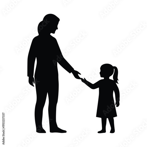 Silhouette of adult and child holding hands in black