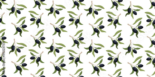 Seamless pattern featuring black olives on olive tree branches with green leaves arranged in a clean repeat on a light background,