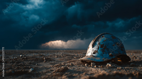 Damaged helmet resting on desert battlefield with stormy sky