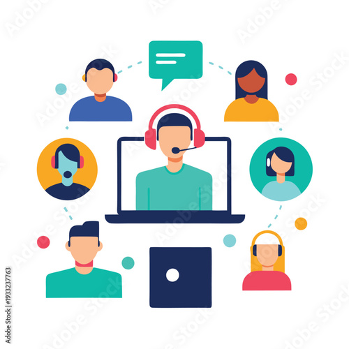 Virtual Meeting with Laptops, Headphones, and Virtual Background on a White Background