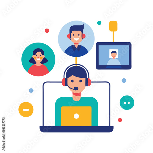 Virtual Meeting with Laptops, Headphones, and Virtual Background on a White Background