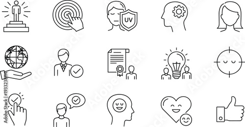 Customer Experience and Quality Assurance Line Icons Set with Target, UV Protection, Feedback and Approval Symbols