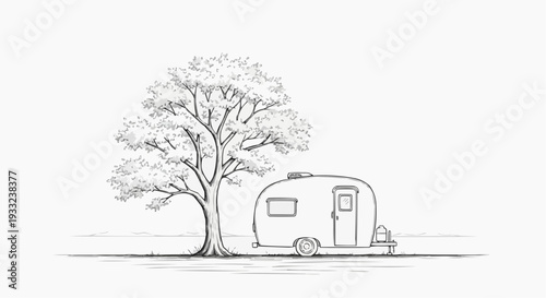 A minimalist line art illustration of a camper trailer parked under a tree