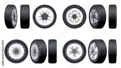 Car tires of rubber with disks. Vector realistic isolated set of tires in different positions. Automobile wheels and maintenance. Truck or vehicle repairing and replacement for next season