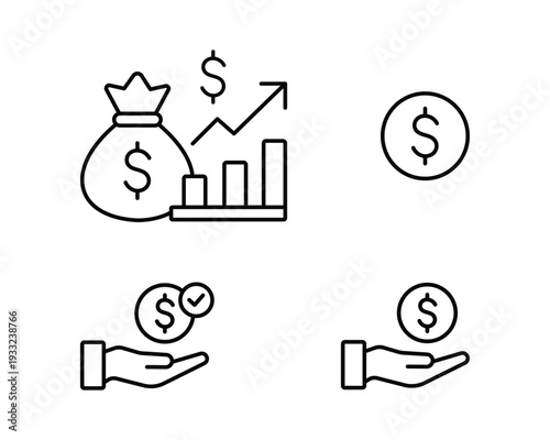 Four distinct financial icons showing money bag with graph coin with dollar sign, and hand holding coin symbolizing savings, investment growth and secure transactions