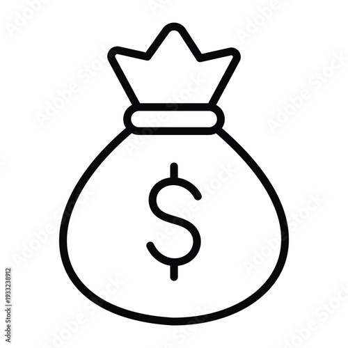 Money bag icon with dollar sign for wealth treasure and financial success representation, including cash storage and banking security concept, isolated black line art vector illustration