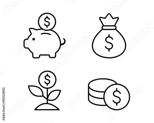 Financial icon set featuring piggy bank, money bag, growing plant, and stacked coins for banking investment savings and wealth management concepts, isolated black line art vector symbols on white back