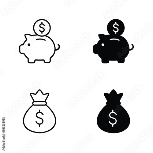 Business finance icon collection showing linear and solid versions of piggy bank and money bag symbols for savings, wealth, and banking security concepts, isolated vector illustrations