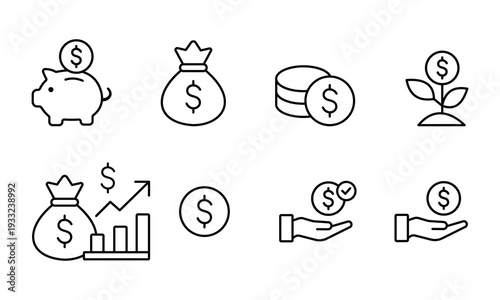 Set of financial icons illustrates various aspects of money management, saving, investment, and earning, depicting piggy bank, money bag, coins growing plant, graph, and hand with coin