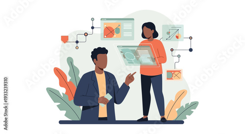 Illustration of Man and Woman Discussing Documents.