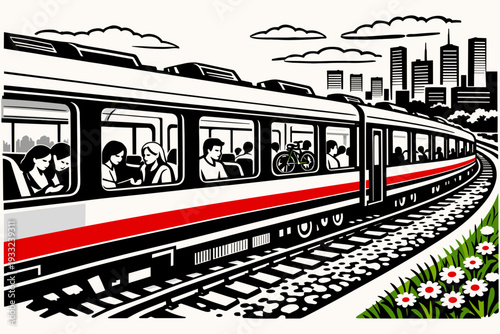 Passenger Train with City Skyline. Modern passenger train traveling through city outskirts.