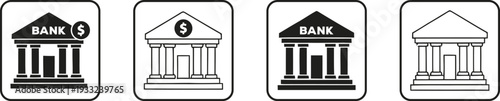 Four black and white icons of bank buildings isolated on transparent background