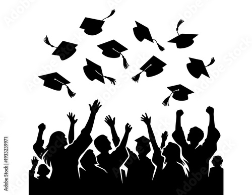 Graduation caps thrown in air by student silhouettes vector