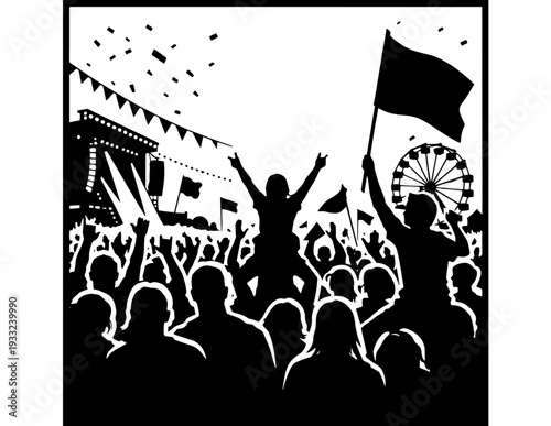 Black and white music festival crowd silhouette vector illustration