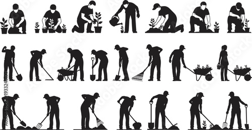 Black silhouette set of gardeners planting flowers, using shovel, rake, watering can, and wheelbarrow, cad drawing flat vector illustration, isolated.