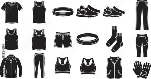 Black silhouette set of fitness apparel and sports gear including t-shirts, leggings, sneakers, socks, gloves, cad drawing flat vector illustration.