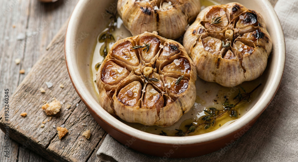 Fototapeta premium Whole heads of roasted garlic with olive oil and thyme