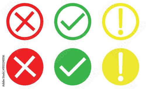 Green check mark and red cross mark and exclamation point doodle icon set . Vector illustration