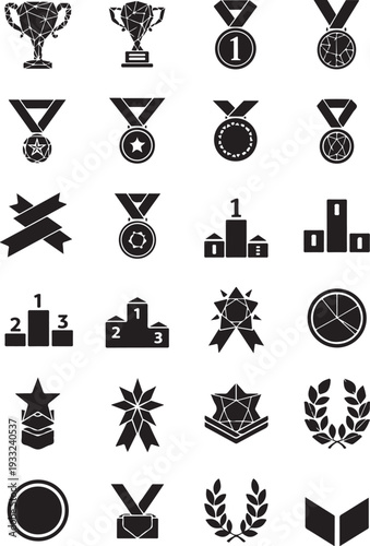 Award Medal & Trophy Icons Set, Winner Podium, Championship Badge, Laurel Wreath Vector Collection.