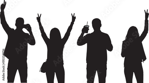 Black silhouette set of happy people cheering, raising hands with peace signs, drinking, and taking photos, cad drawing flat vector illustration.