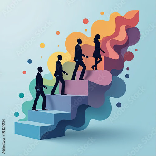 Human Progress as progressive stepped plans, with abstract figures in silhouette climbing, corporate style and smart business attire.eps