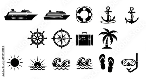 Collection of nautical and travel related icons, perfect for vacation and adventure themes.