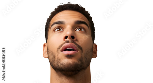 Close up of a man looking upwards in surprise isolated on transparent background