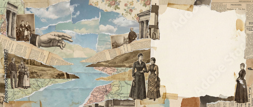 Creative vintage collage with retro photos maps and old newspapers