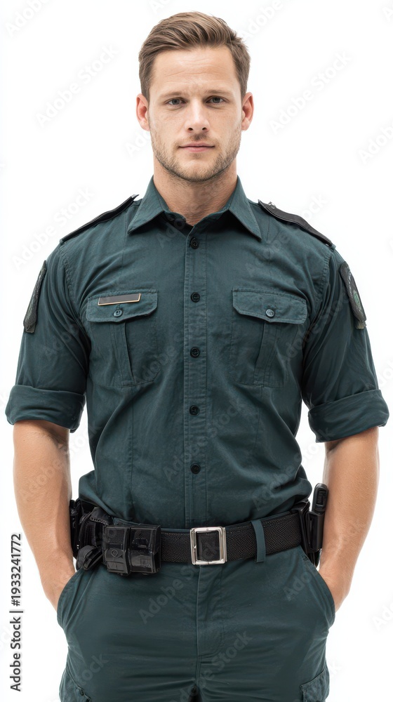 Fototapeta premium Confident security officer stands ready for duty