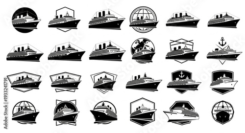 Collection of various cruise ship logos in black and white, perfect for branding.