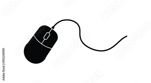 Simple black silhouette of a wired computer mouse, peripheral device symbol, desktop and laptop accessory, minimal technology icon, clean vector illustration isolated on white background.