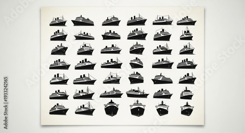 Collection of black and white ship silhouettes arranged in a grid pattern on white background.