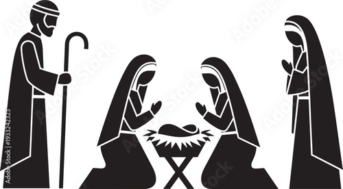Black silhouette set of Nativity scene characters including Mary, Joseph, baby Jesus in manger, and angels, cad drawing flat vector illustration.