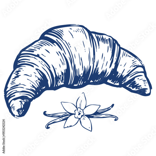 Classic croissant with vanilla flower engraving bakery illustration concept hand drawn vector illustration editable stroke outline high quality isolated on white background for bakery food pattern des