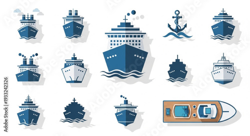 Collection of various blue ship illustrations, perfect for maritime or nautical themes and designs.