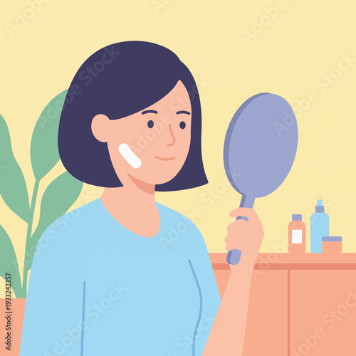 Woman admiring herself in mirror after treatment in bright room