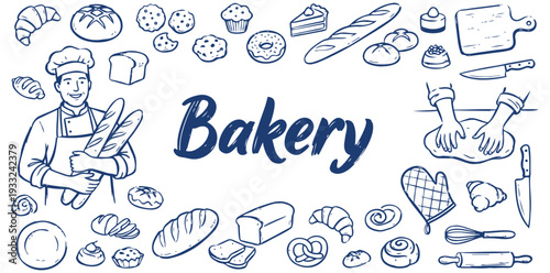 Bakery doodle pattern with bread cake pastry and kitchen elements illustration concept hand drawn vector illustration editable stroke outline high quality isolated on white background for bakery food 